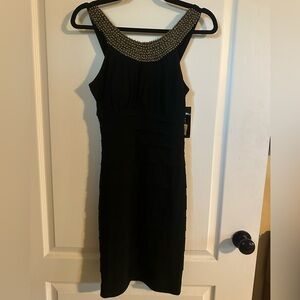 Cachet Black Midi Dress with Studded Neckline